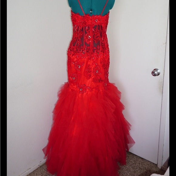 JASZ COUTURE HOT SEXY RED LACE MERMAID SATIN TULLE FORMAL DRESS SIZE 12 - Picture 5 of 8